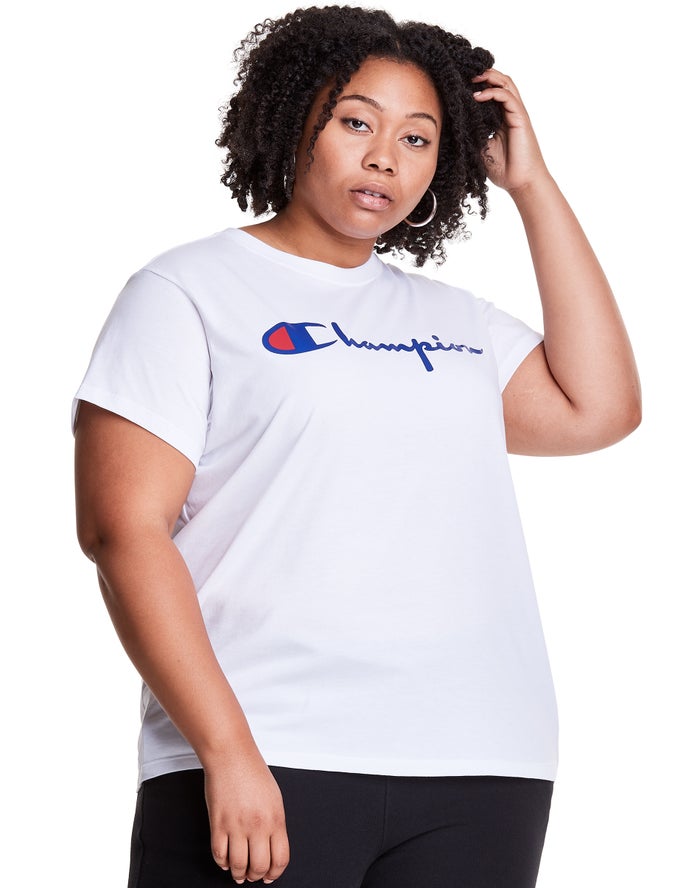 Champion Womens T-Shirt NZ - Plus Lightweight Script Logo White ( 8327-ZFDIT )